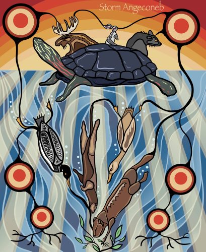 A depiction of the Ojibwe legend of how Turtle Island came to be. I wanted to honor our rich histories and honor our knowledge keepers - our elders.